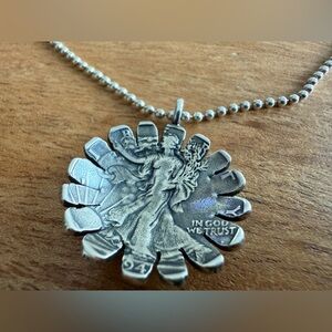 Sterling Silver Sunflower Half Dollar Coin Style Pendant Necklace 16”